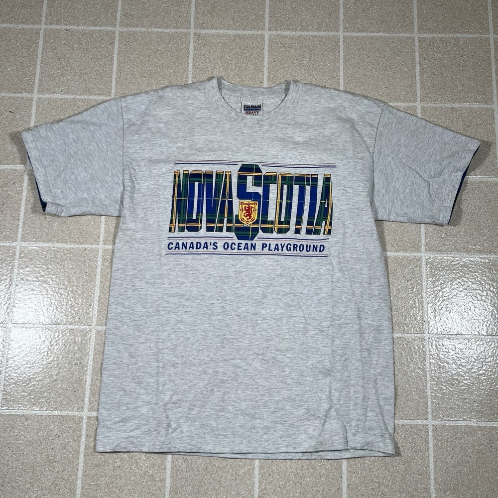 Vintage Nova Scotia Canada Tshirt Size Large 90s Plaid Sleeves Made In Canada